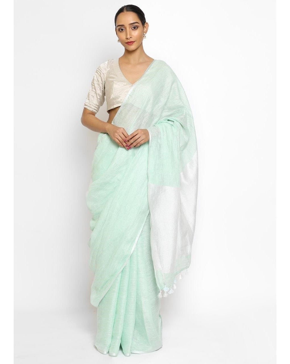 Green White Pure Handloom Linen Saree