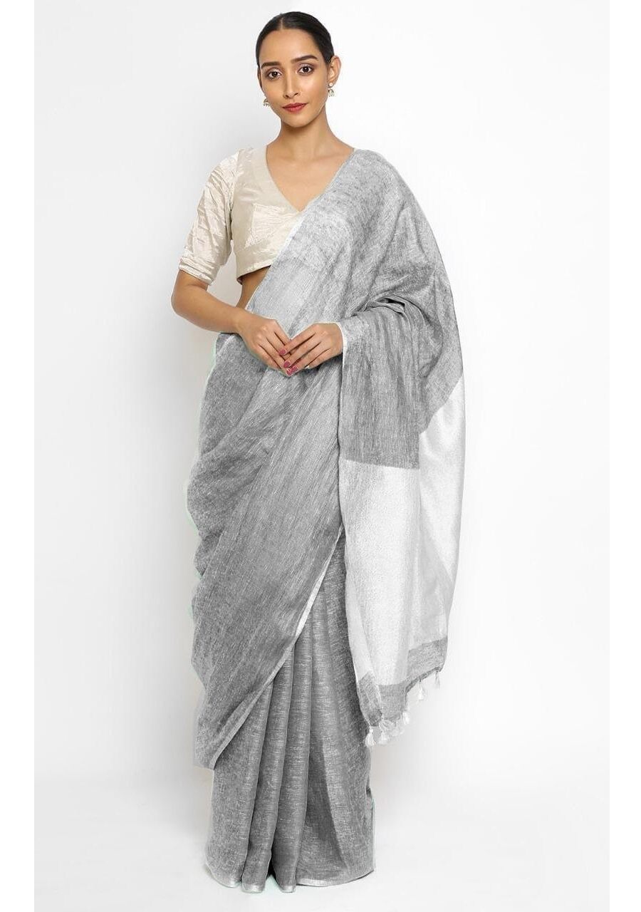 Grey White Pure Handloom Linen Saree