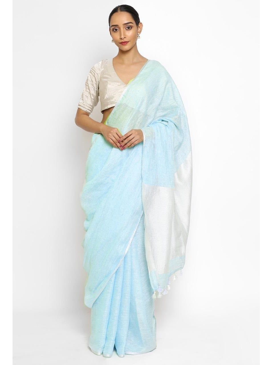 Blue White Pure Handloom Linen Saree