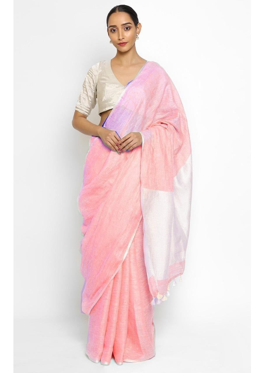 Peach White Pure Handloom Linen Saree