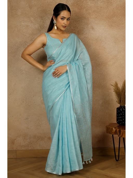 Blue Silver Pure Handloom Linen Saree