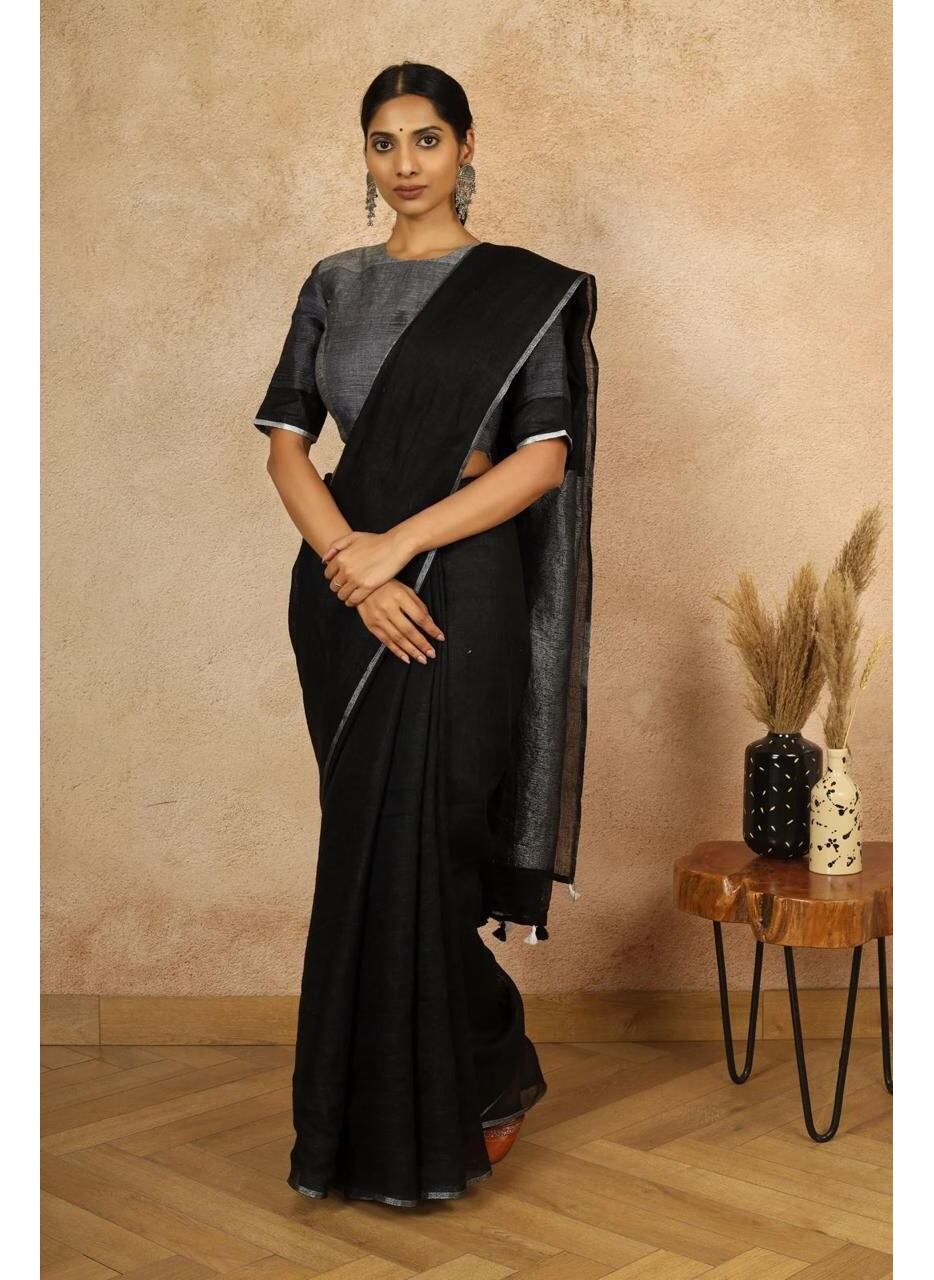 Black Silver Pure Handloom Linen Saree