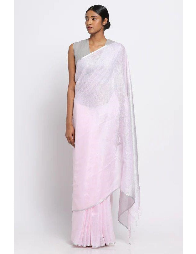 Pink Silver Pure Handloom Linen Saree