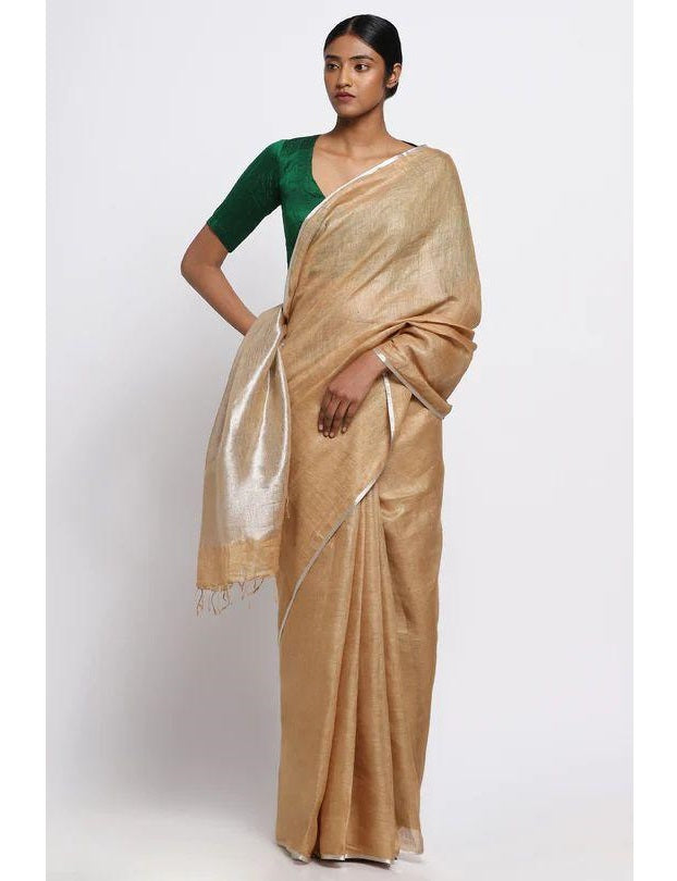 Gold Silver Pure Handloom Linen Saree