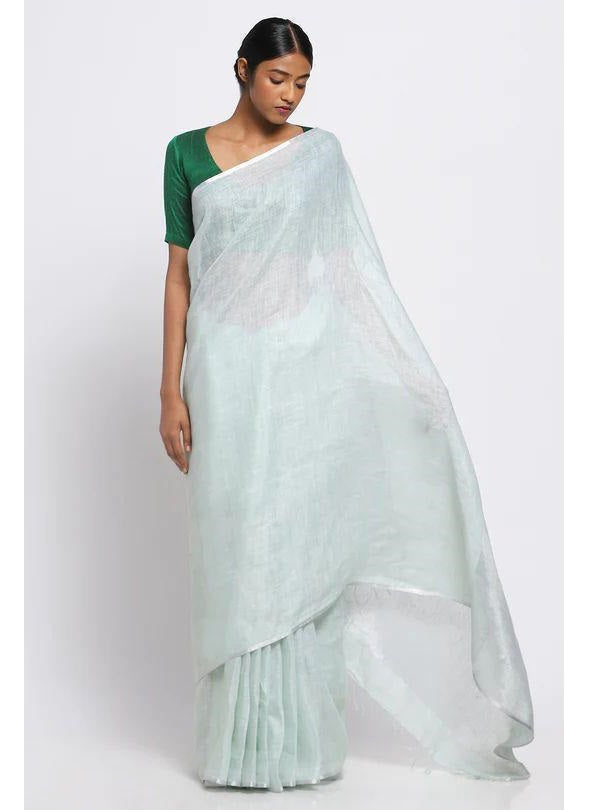 Green Silver Pure Handloom Linen Saree