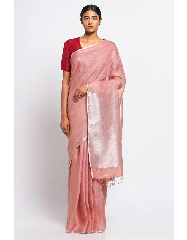 Peach Silver Pure Handloom Linen Saree