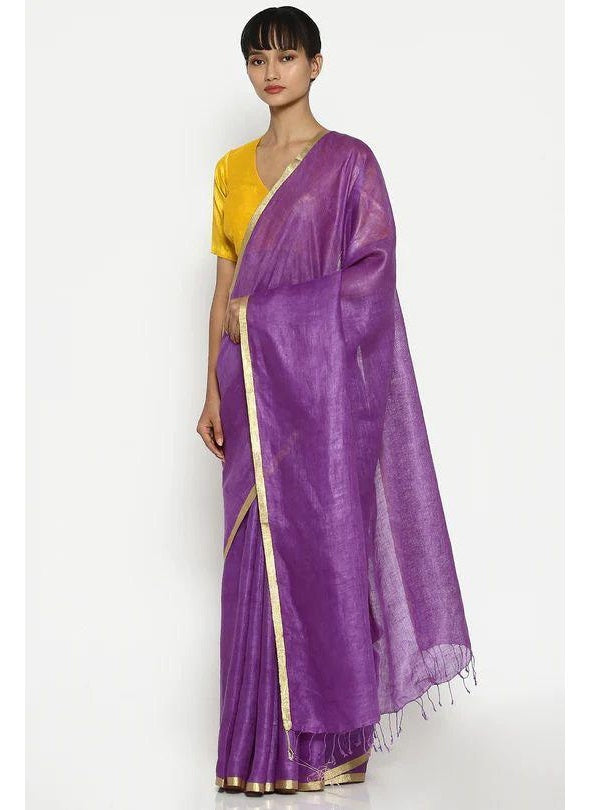 Purple Gold Pure Handloom Linen Saree