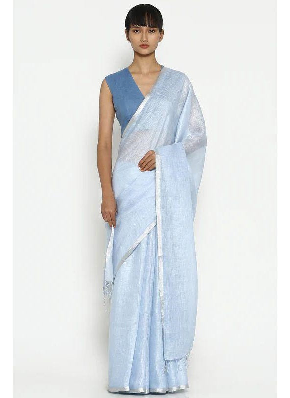 Blue Silver Pure Handloom Linen Saree