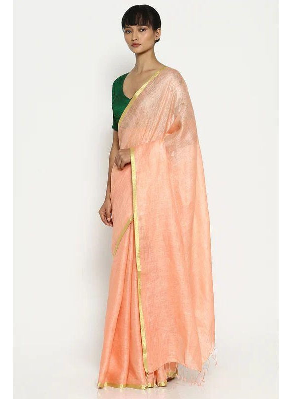 Peach Gold Pure Handloom Linen Saree