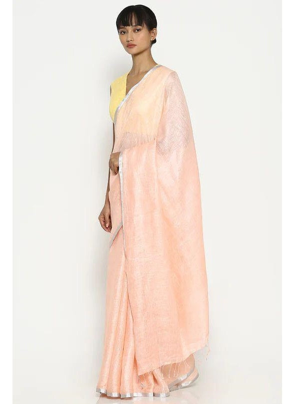 Cream Silver Pure Handloom Linen Saree