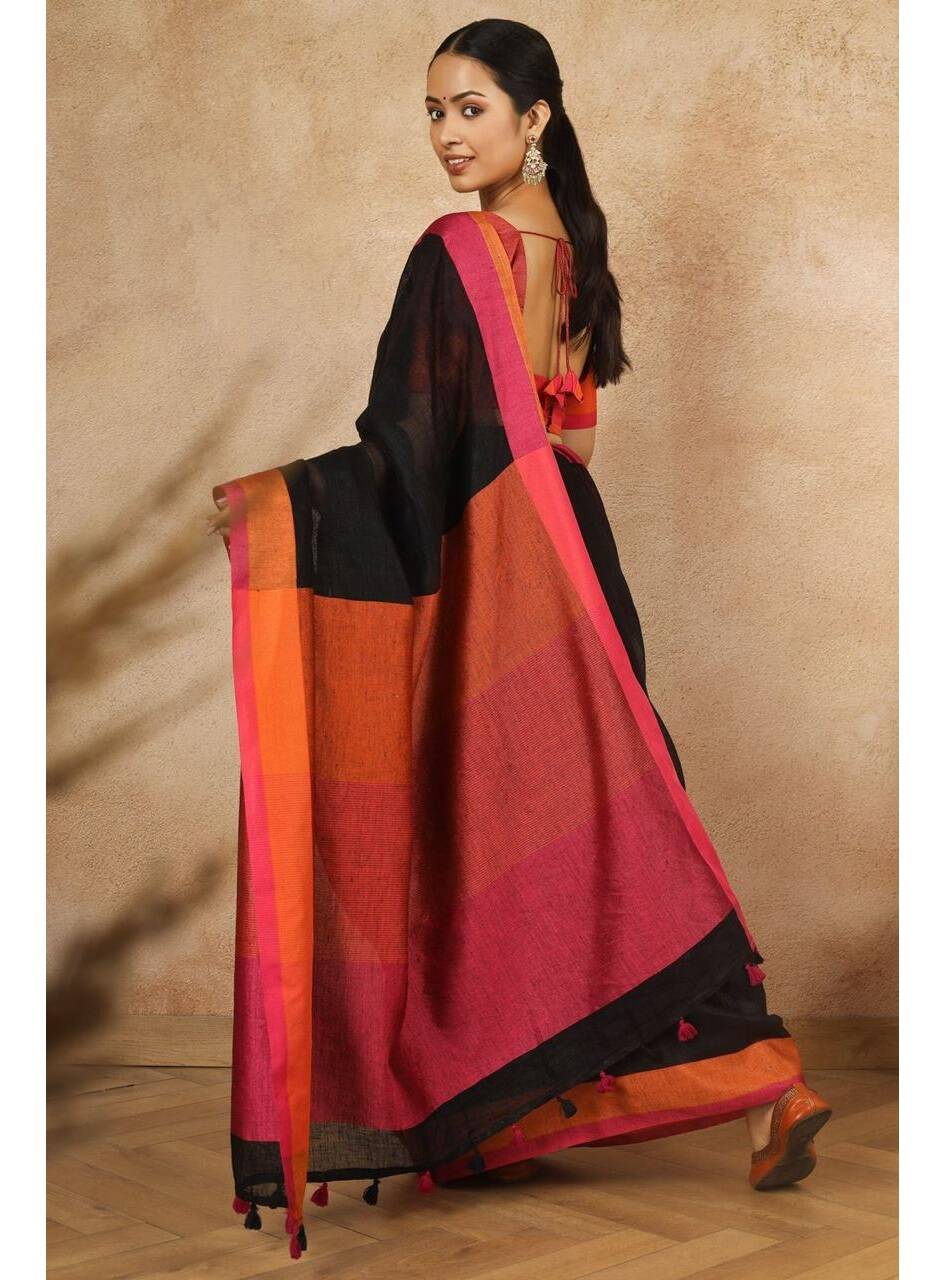 Black Rose Pure Handloom Linen Saree
