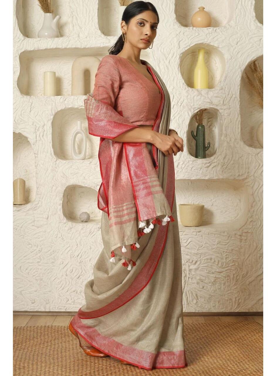 Beige Red Pure Handloom Linen Saree