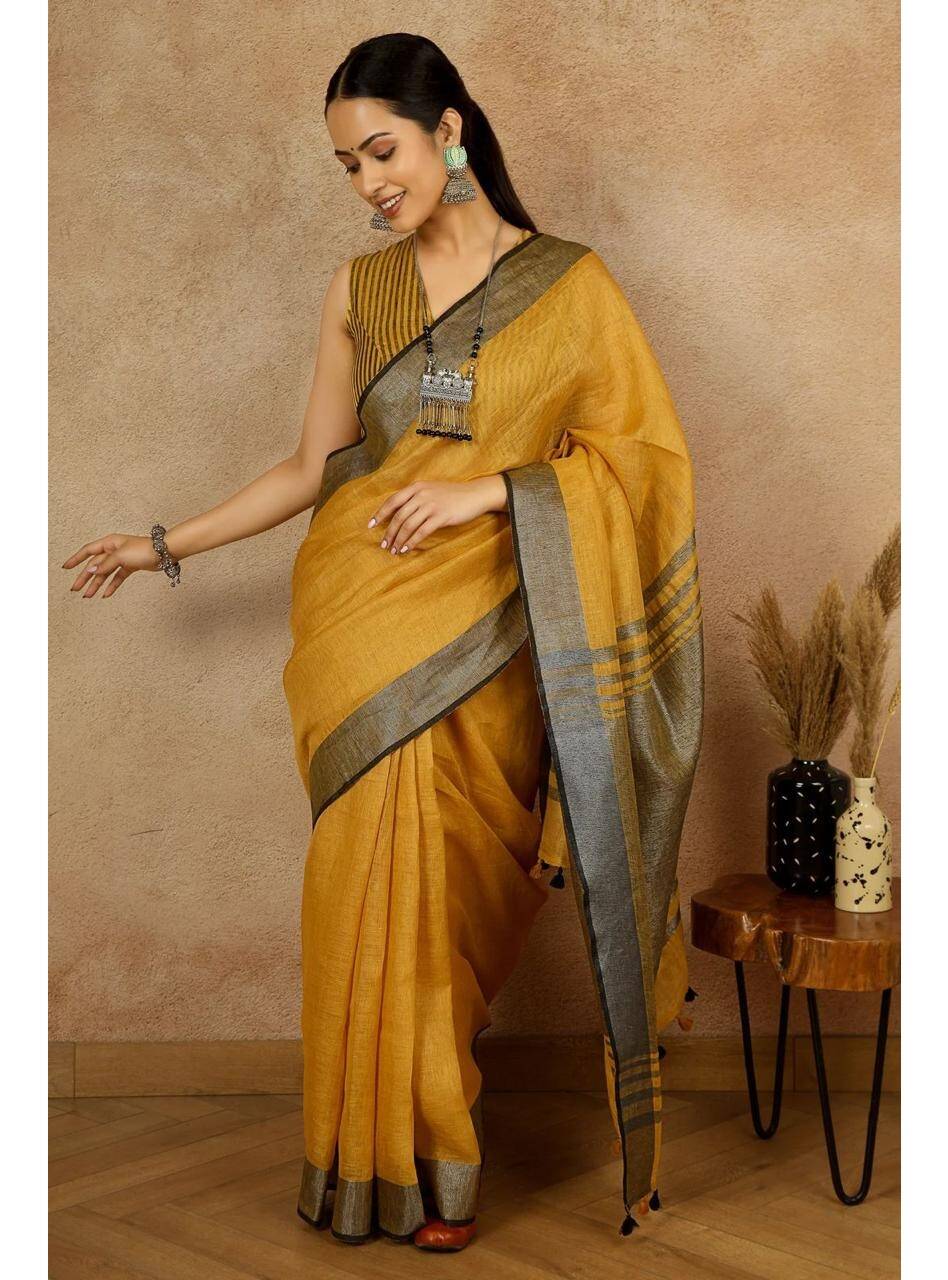 Yellow Black Pure Handloom Linen Saree