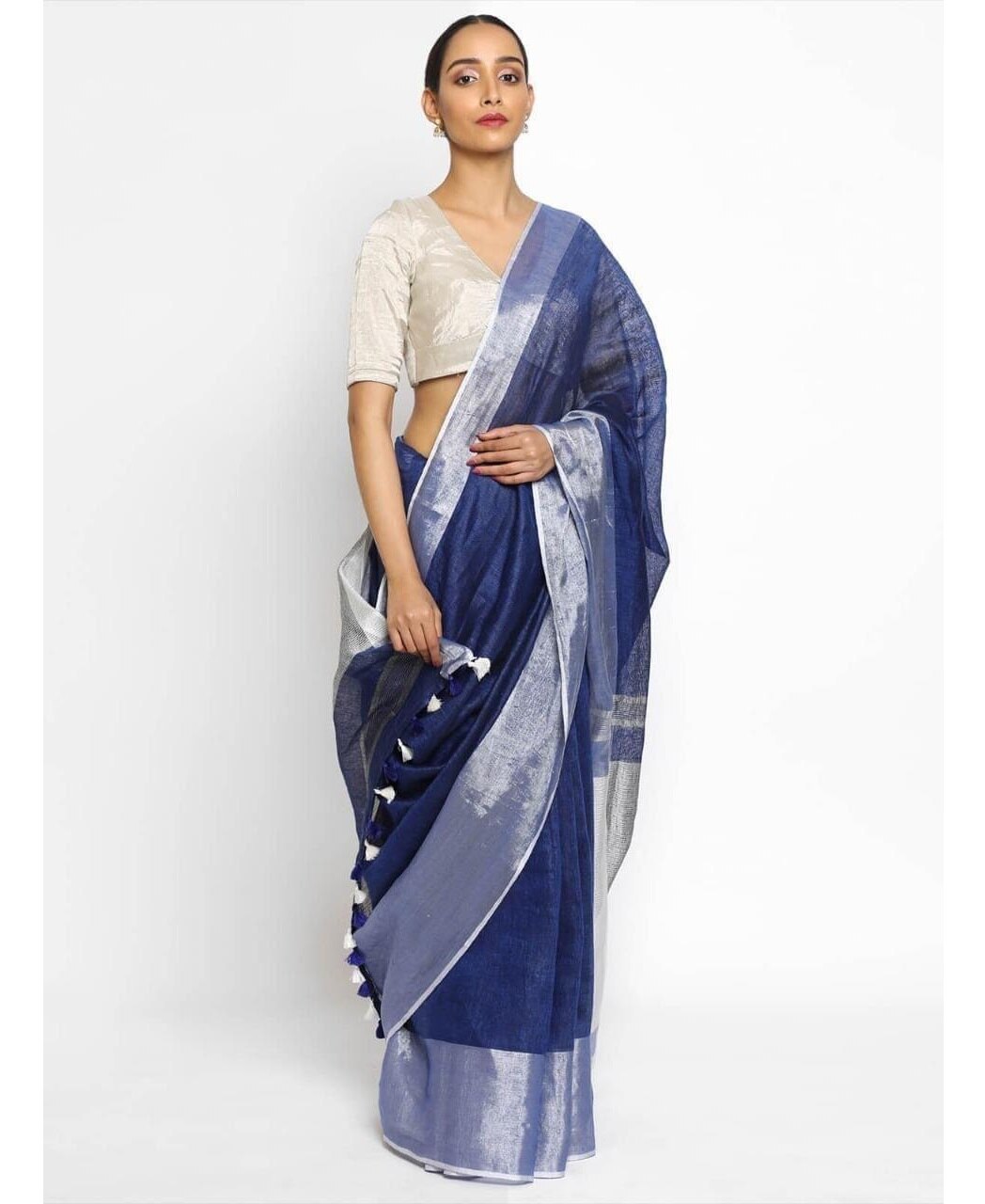 Blue Silver Pure Handloom Linen Saree