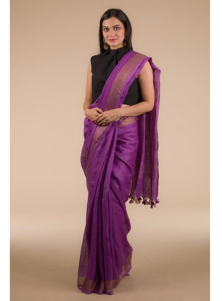 Purple Gold Pure Handloom Linen Saree