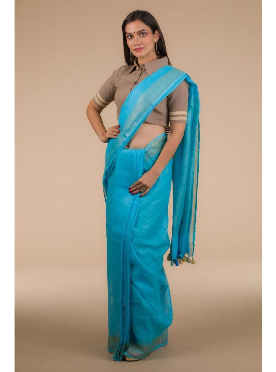 Blue Gold Pure Handloom Linen Saree