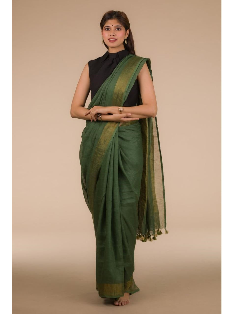 Green Gold Pure Handloom Linen Saree