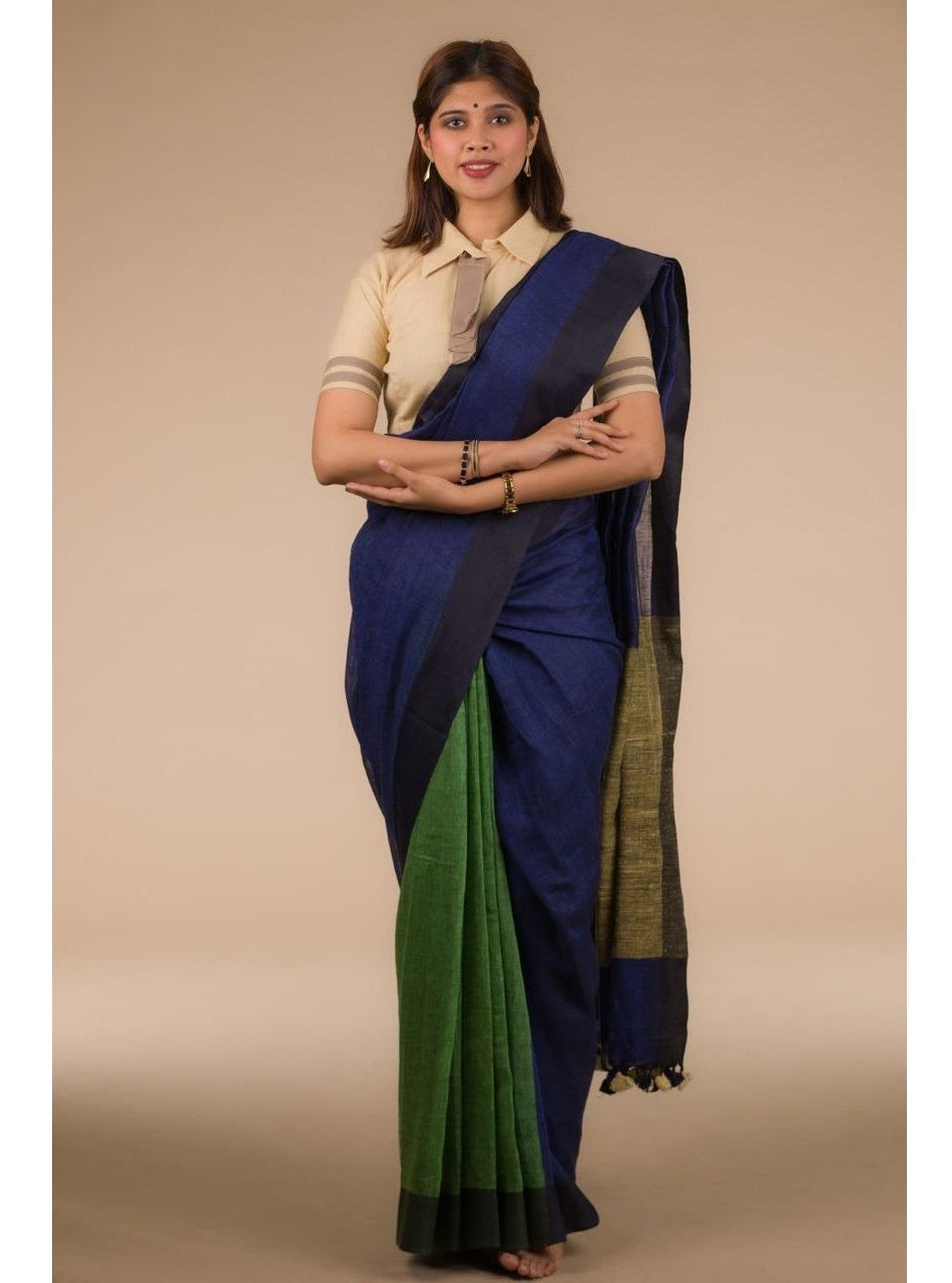 Blue Green Pure Handloom Linen Saree