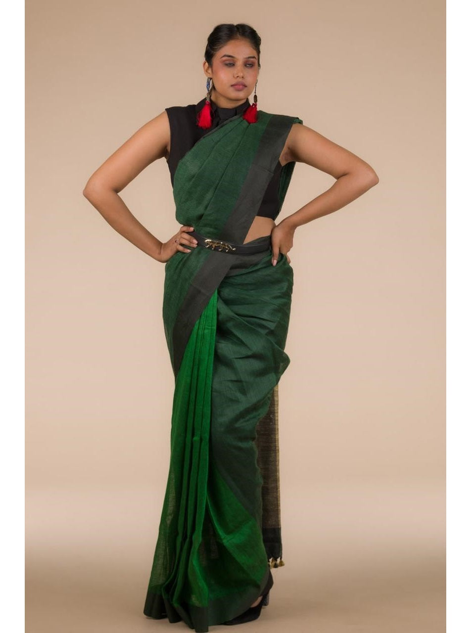 Green Black Pure Handloom Linen Saree