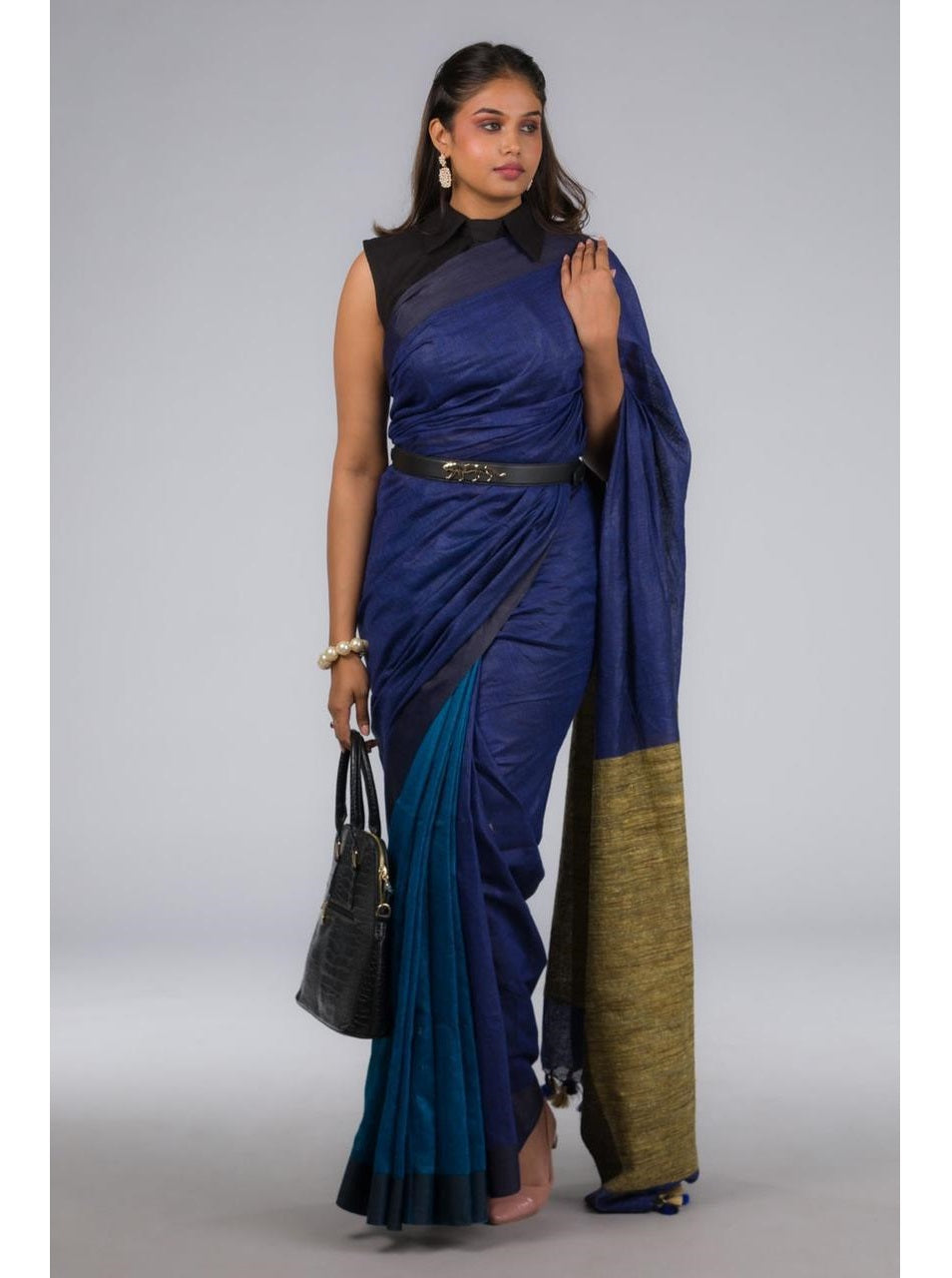 Blue Black Pure Handloom Linen Saree