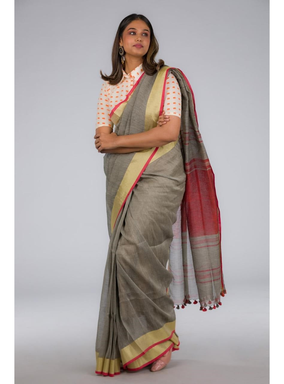Grey Red Pure Handloom Linen Saree