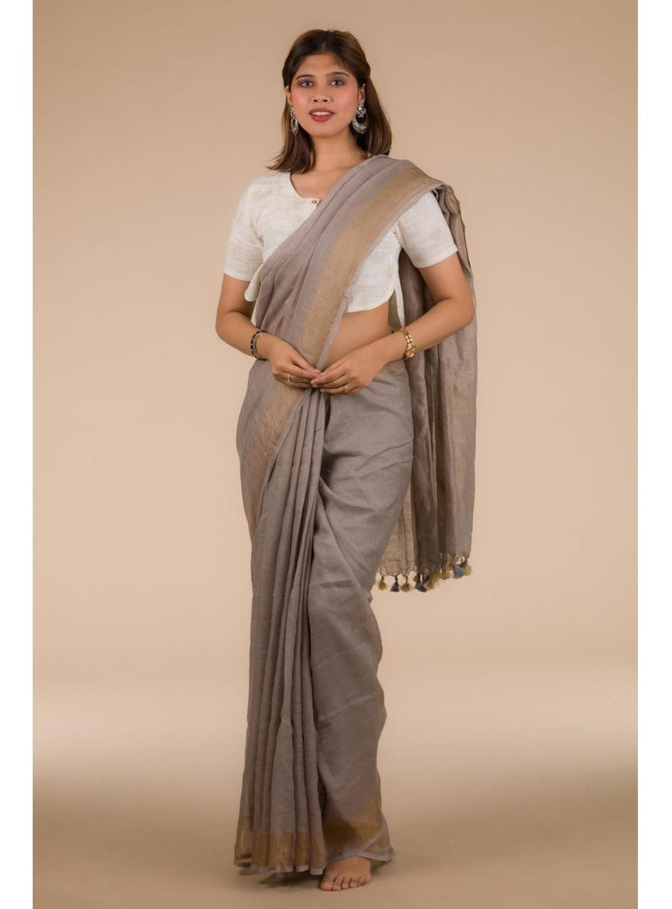 Grey Gold Pure Handloom Linen Saree