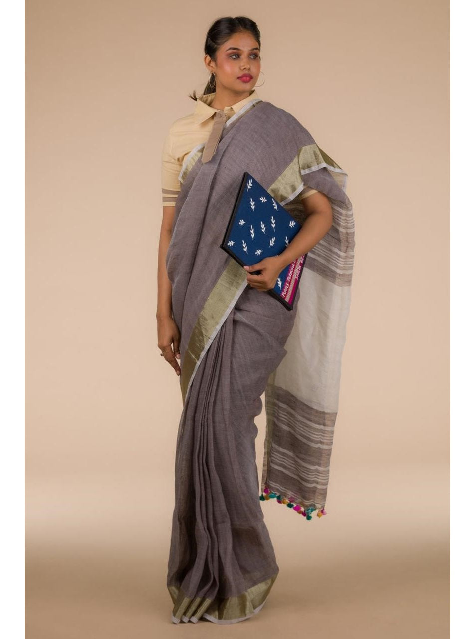 Grey Gold Pure Handloom Linen Saree