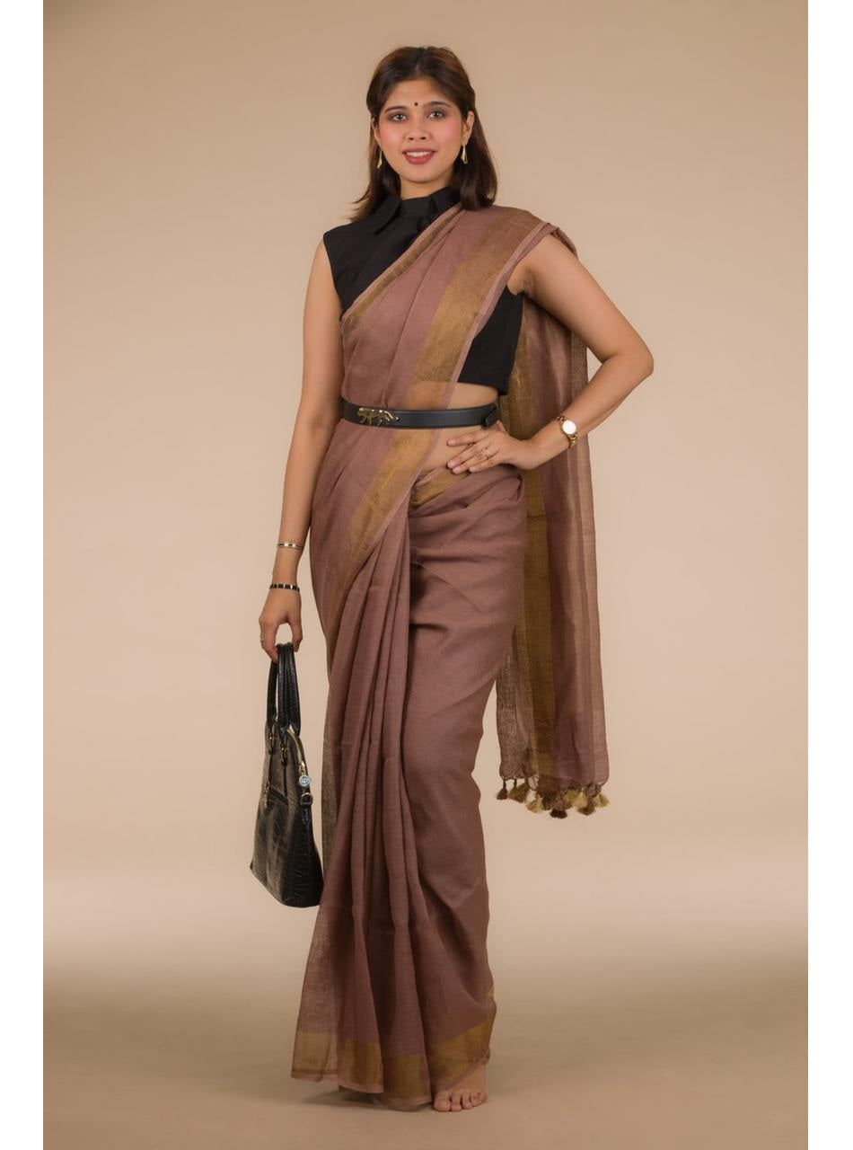 Brown Gold Pure Handloom Linen Saree