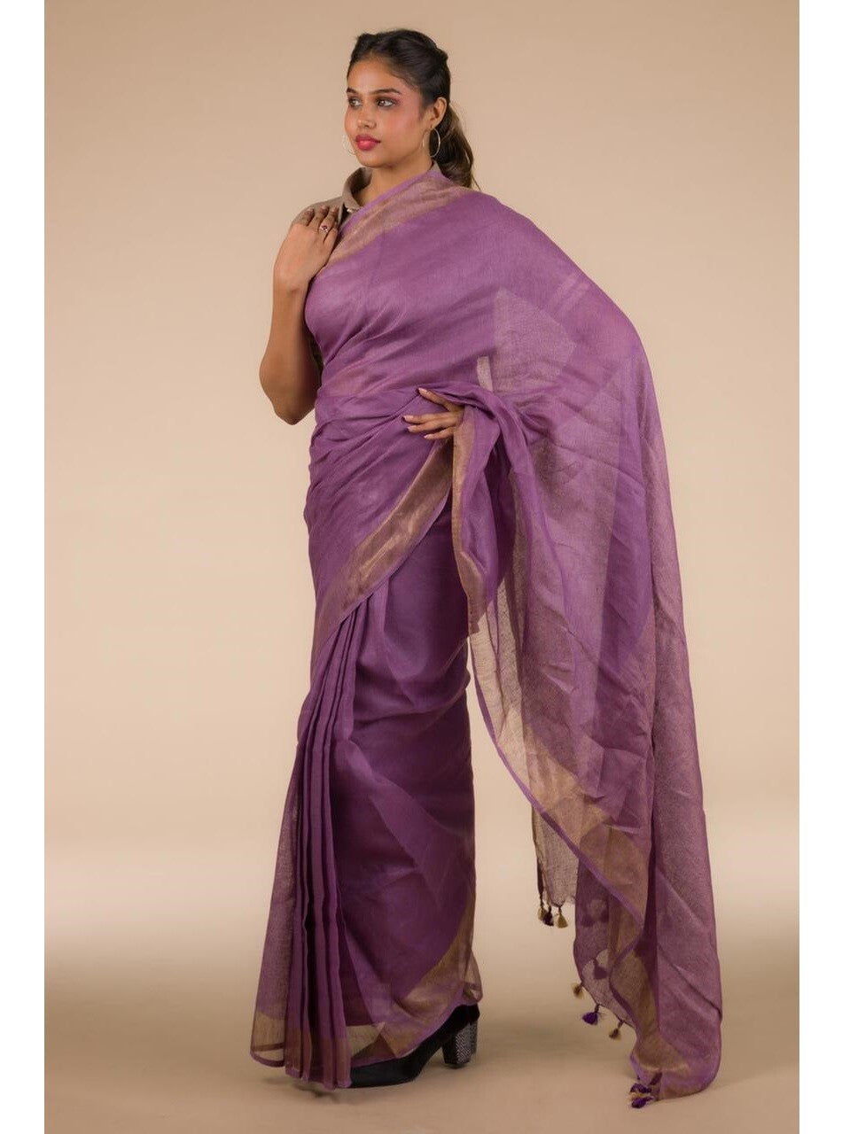 Purple Gold Pure Handloom Linen Saree