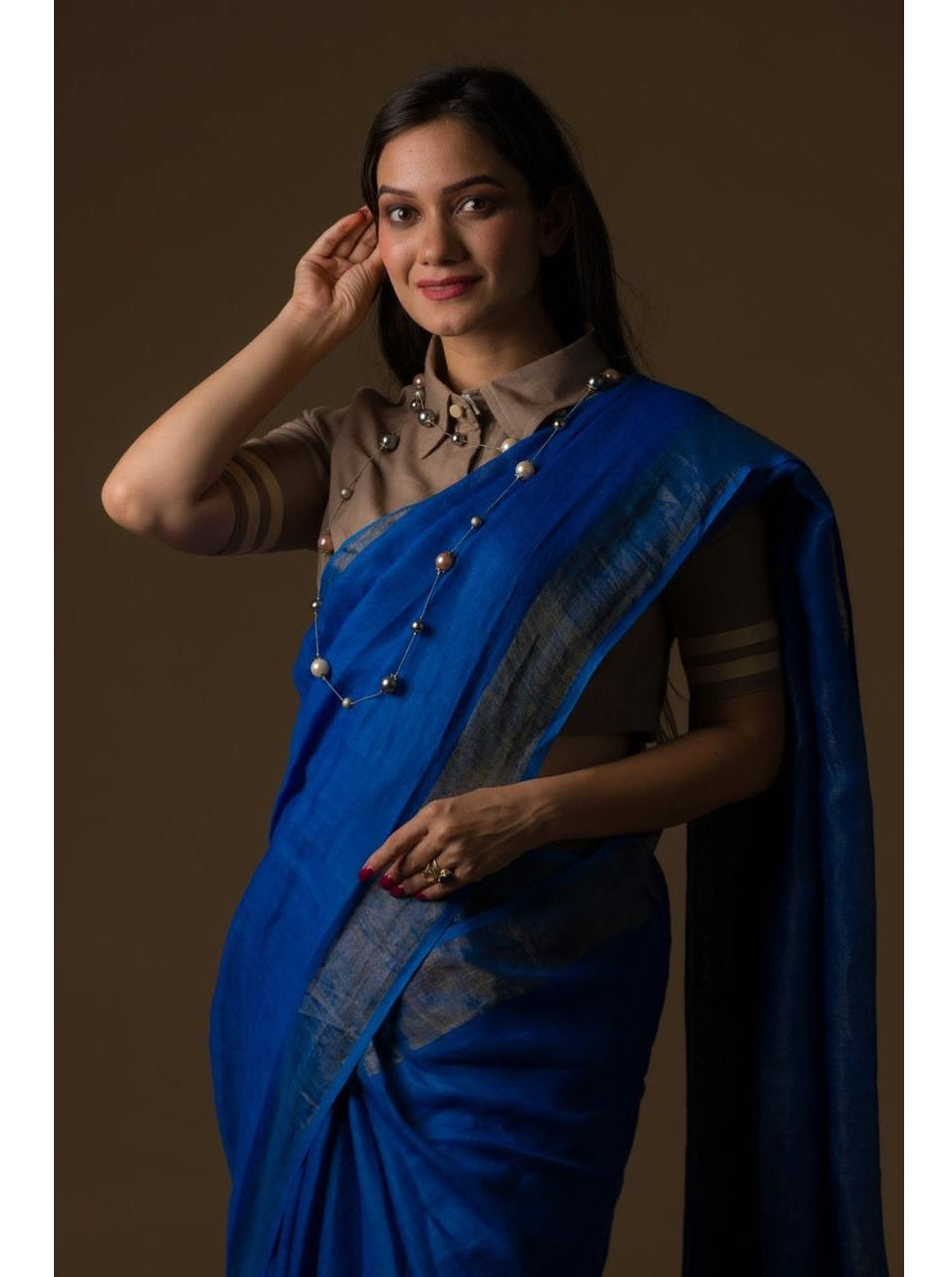 Blue Gold Pure Handloom Linen Saree