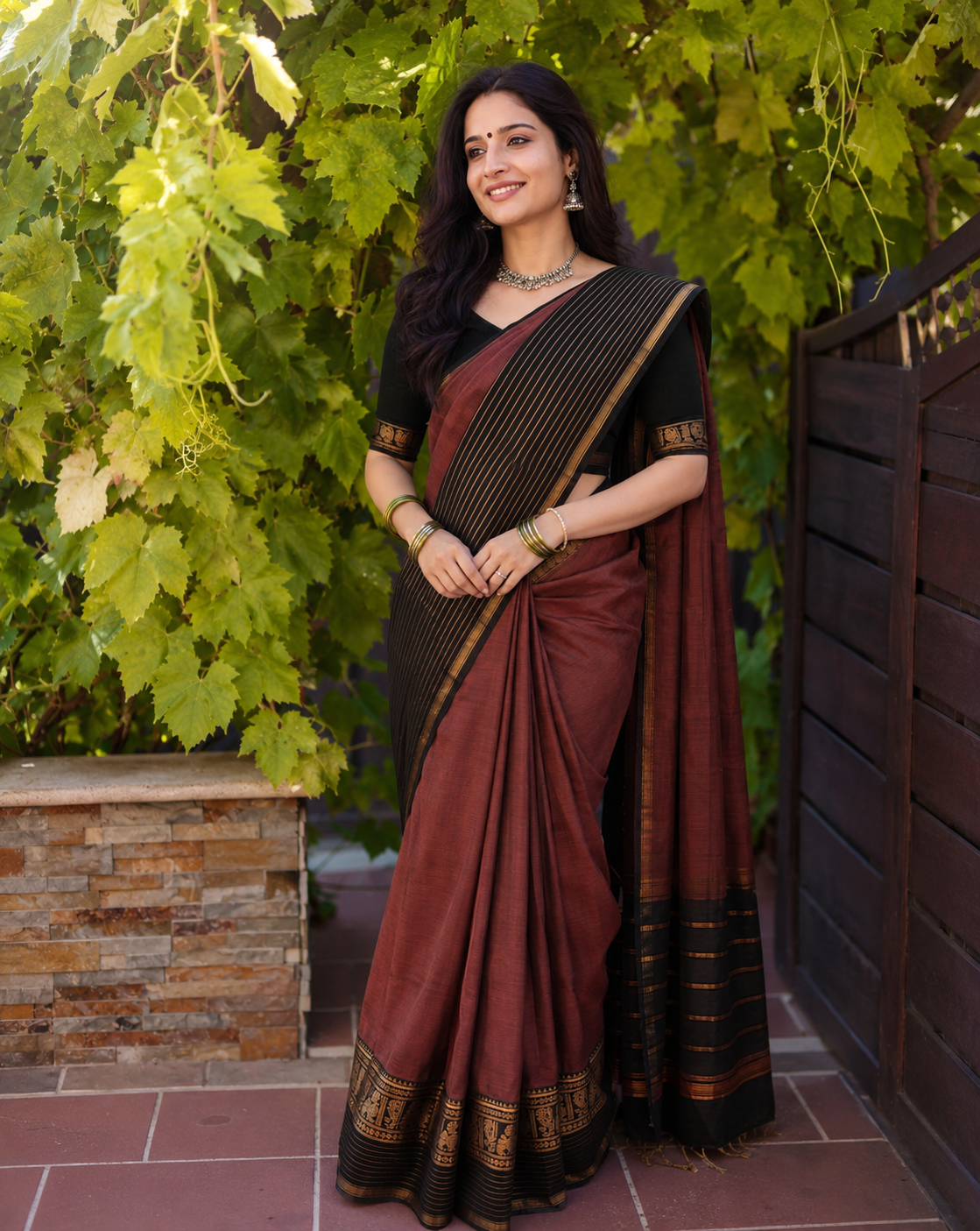 PJJL26A006 Brown and Black Pure Handloom Narayanpet Cotton Saree