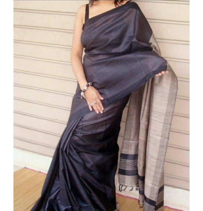 Black Beige Handloom Pure Mulberry Tussar Silk Saree