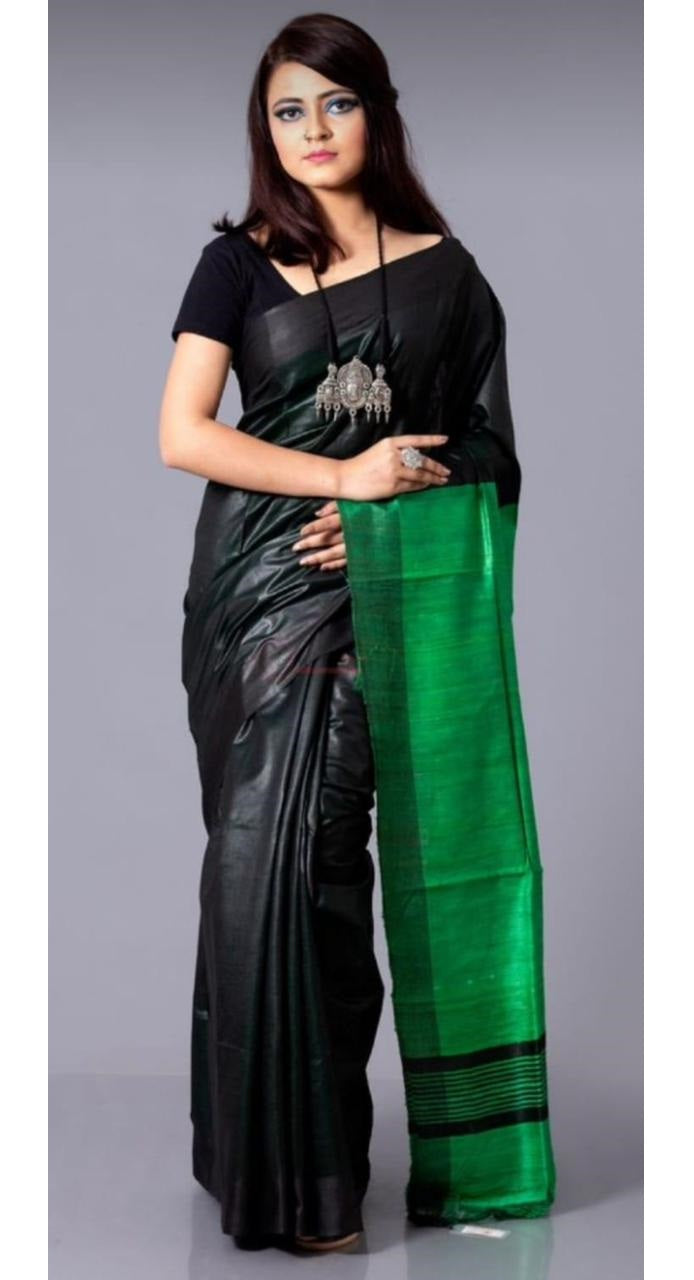 Black Green Handloom Pure Mulberry Tussar Silk Saree