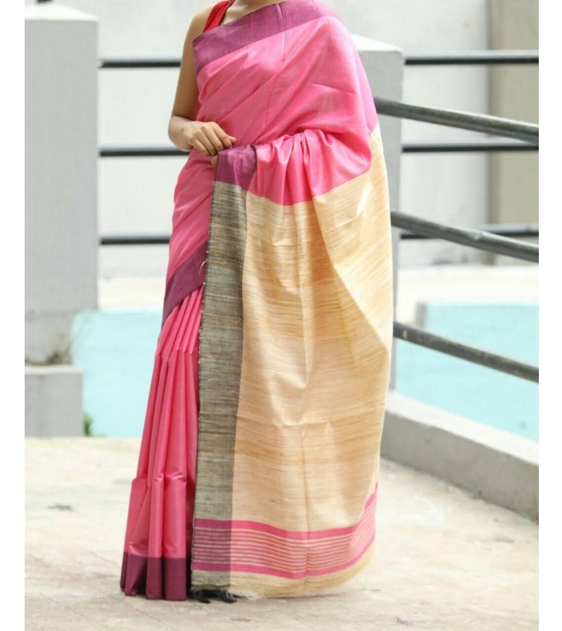 Pink Beige Handloom Pure Mulberry Tussar Silk Saree