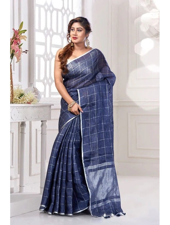 PJMR24A001 Blue Silver Pure Handloom Linen Saree