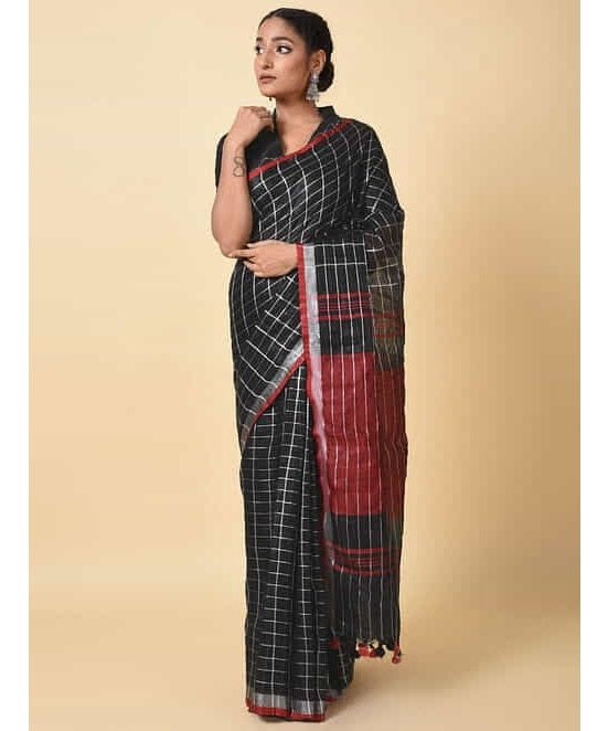 PJMR24A002 Black Red Pure Handloom Linen Saree