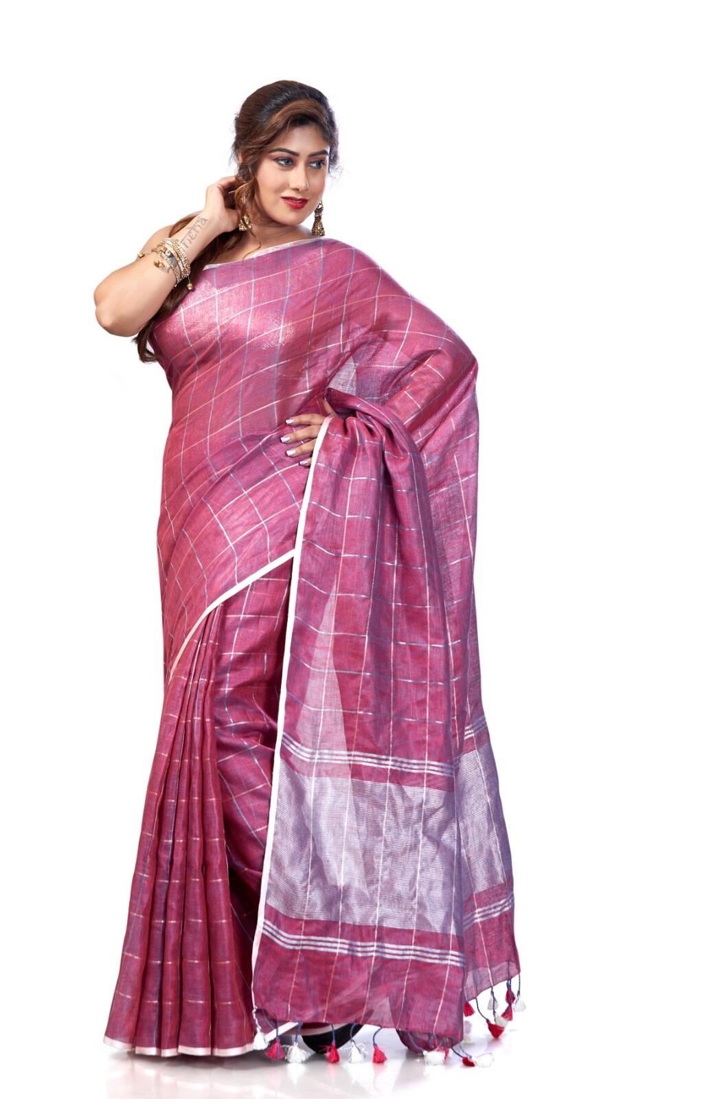 PJMR24A003 Pink Silver Pure Handloom Linen Saree