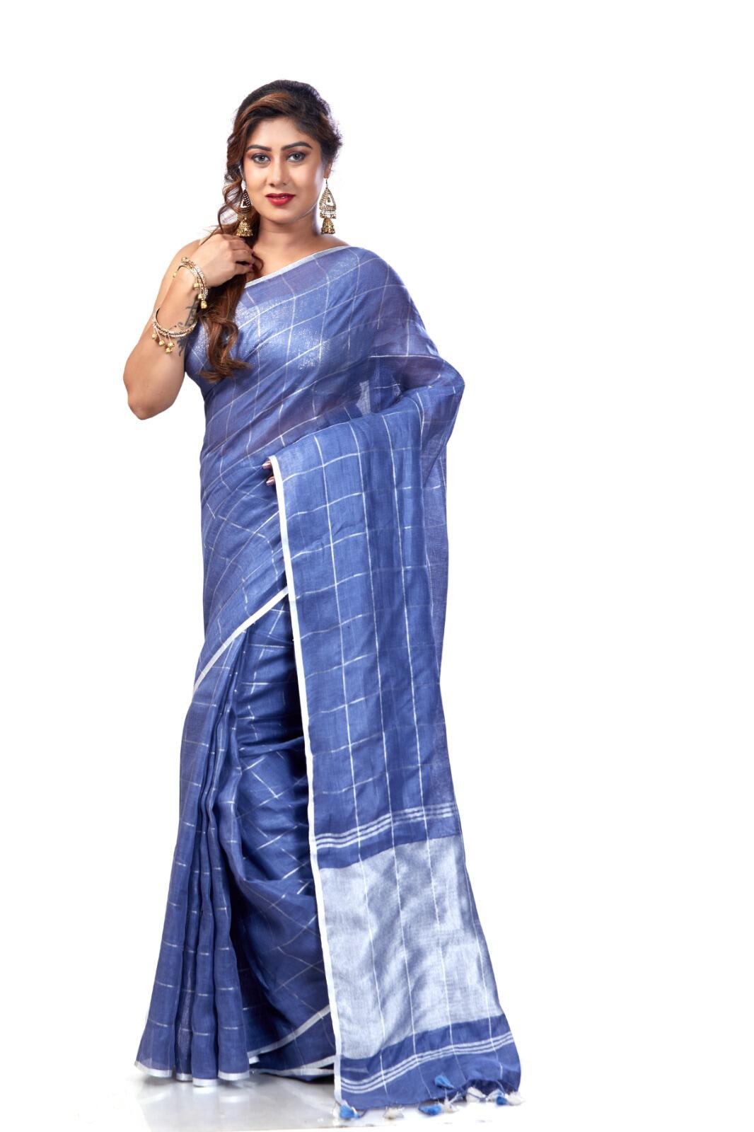 PJMR24A004 Blue Silver Pure Handloom Linen Saree