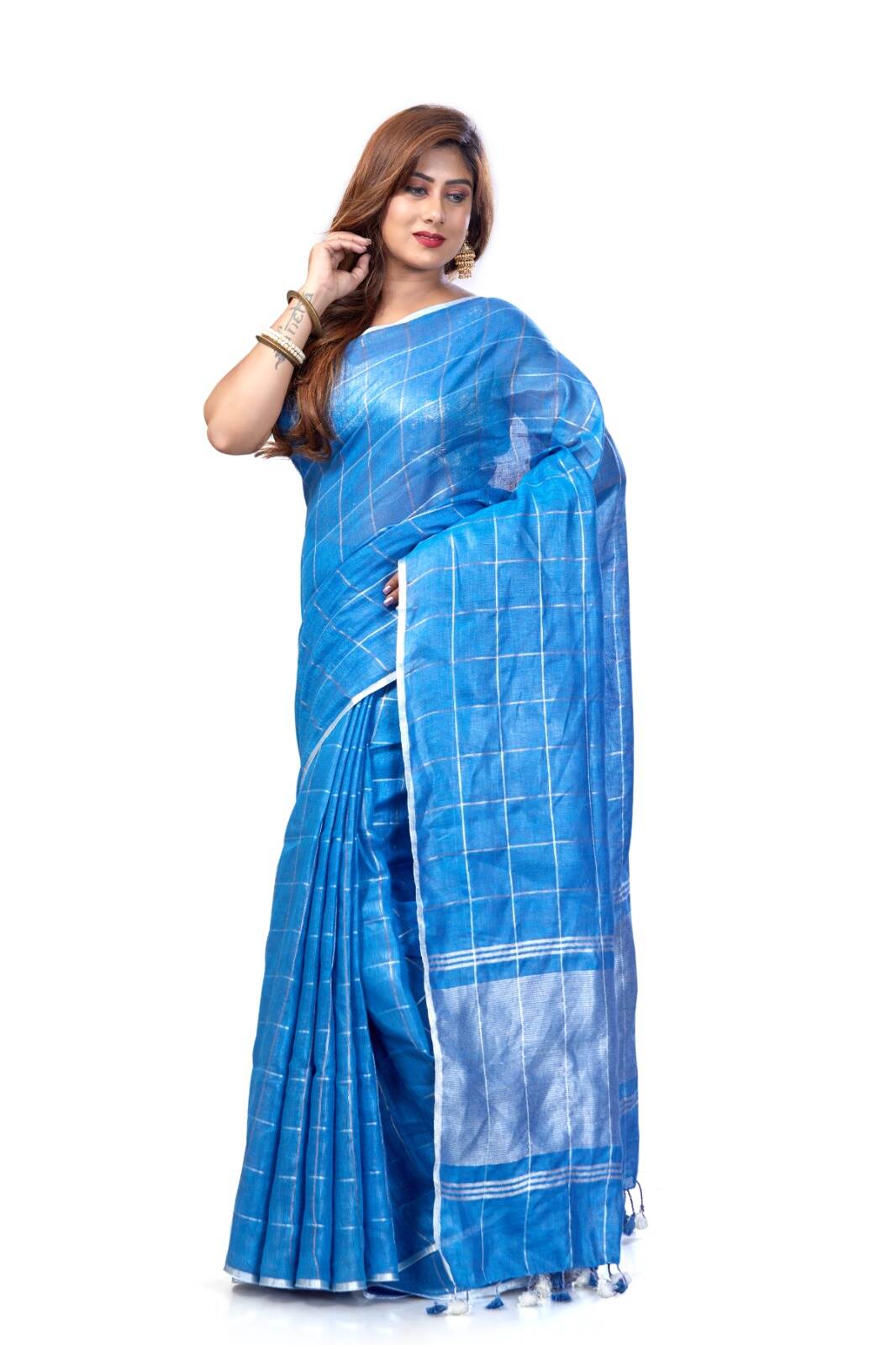 PJMR24A005 Blue Silver Pure Handloom Linen Saree