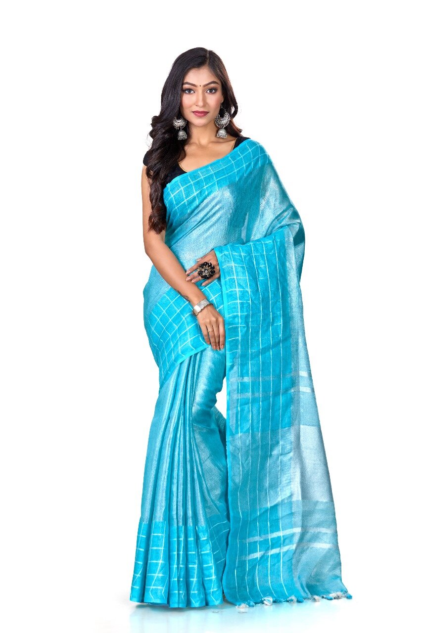 PJMR24A010 Blue Silver Pure Handloom Linen Saree