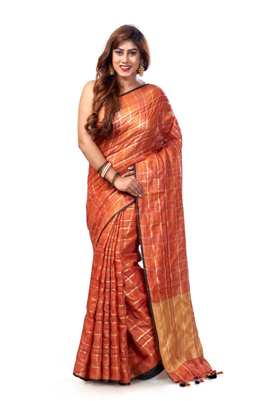 PJMR24A006 Orange Gold Pure Handloom Linen Saree