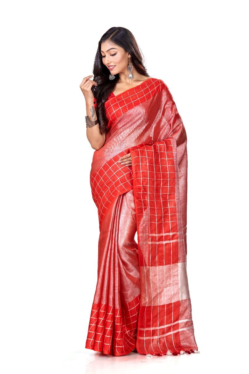 PJMR24A007 Red Silver Pure Handloom Linen Saree