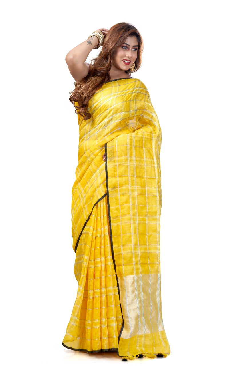 PJMR24A008 Yellow Silver Pure Handloom Linen Saree