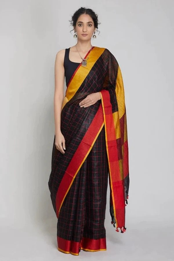 PJMR24A009 Black Red Pure Handloom Linen Saree