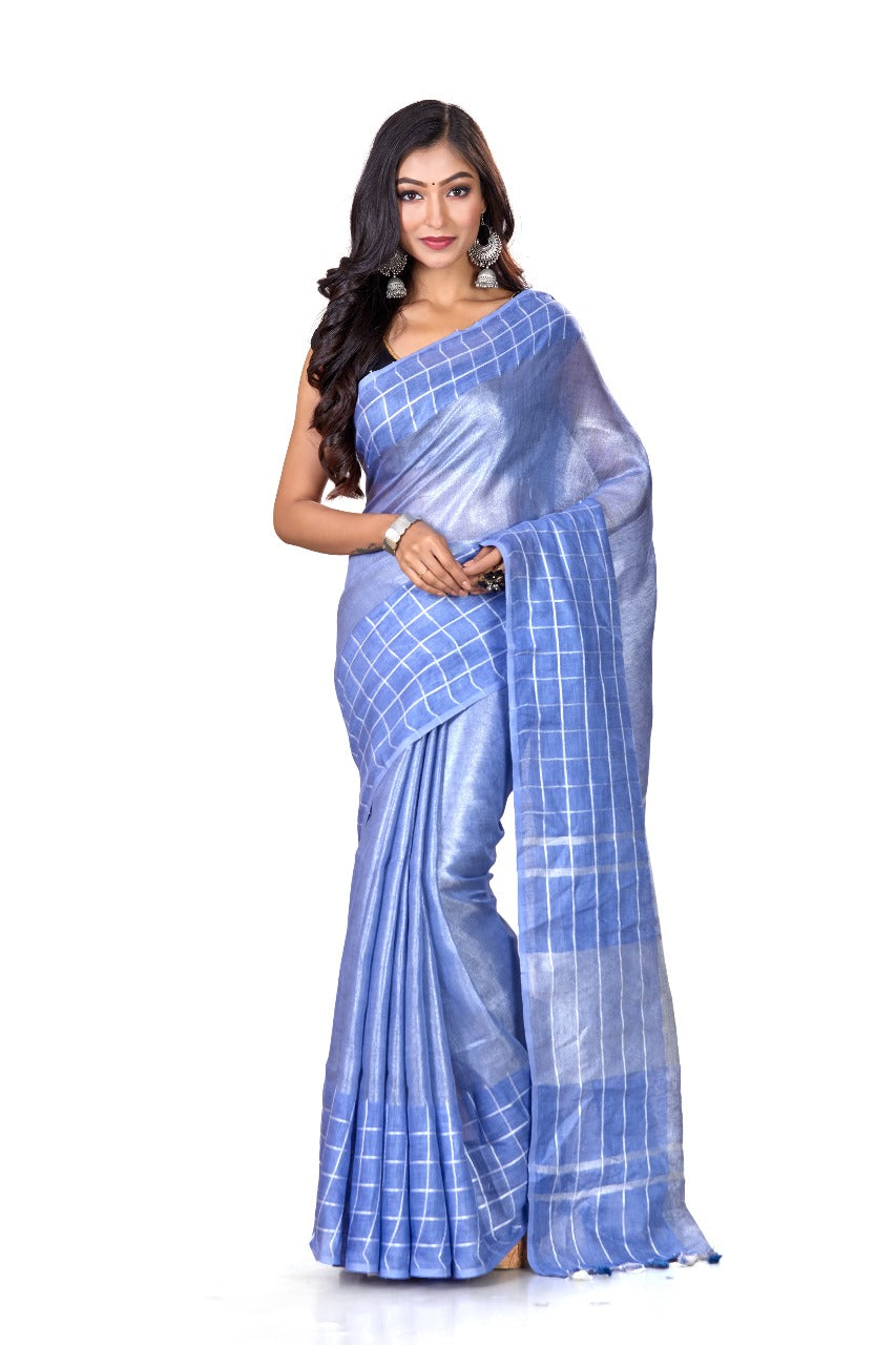 PJMR24A011 Blue Silver Pure Handloom Linen Saree