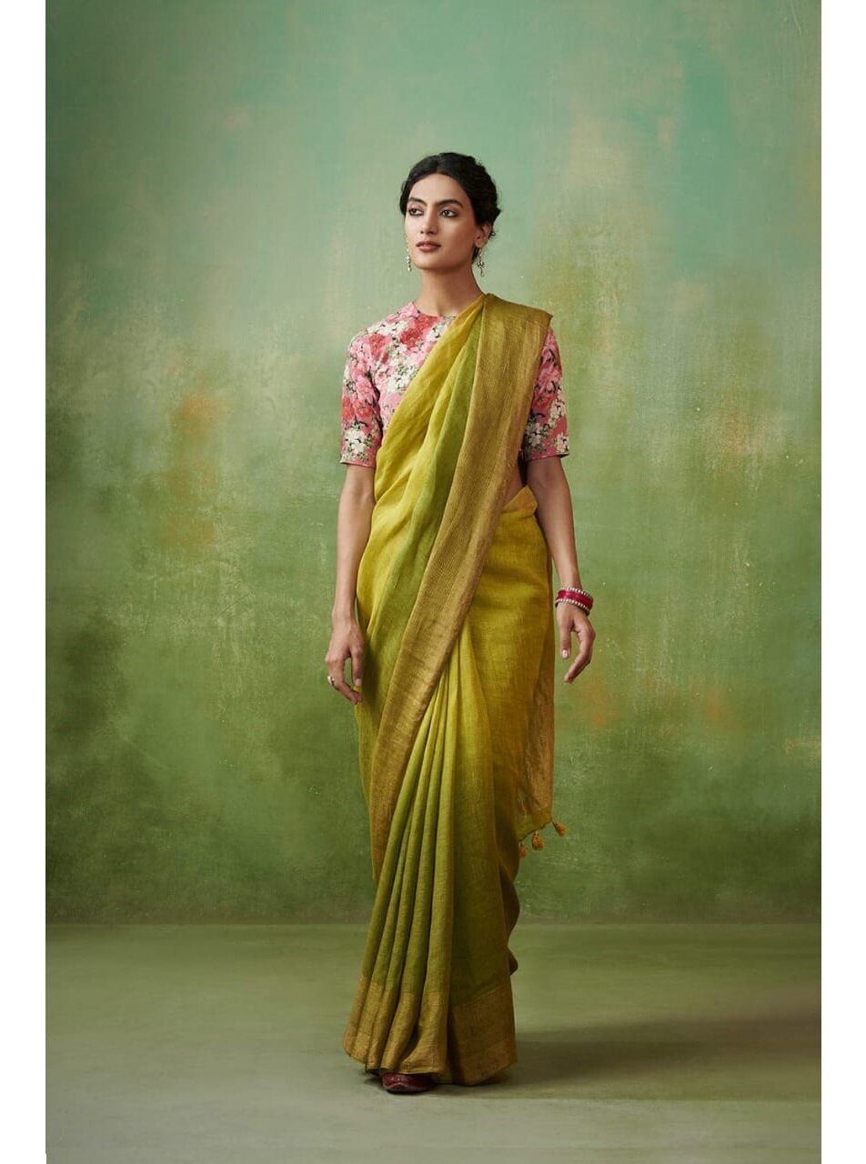 PJMY24A001 Green Yellow Pure Handloom Linen Saree