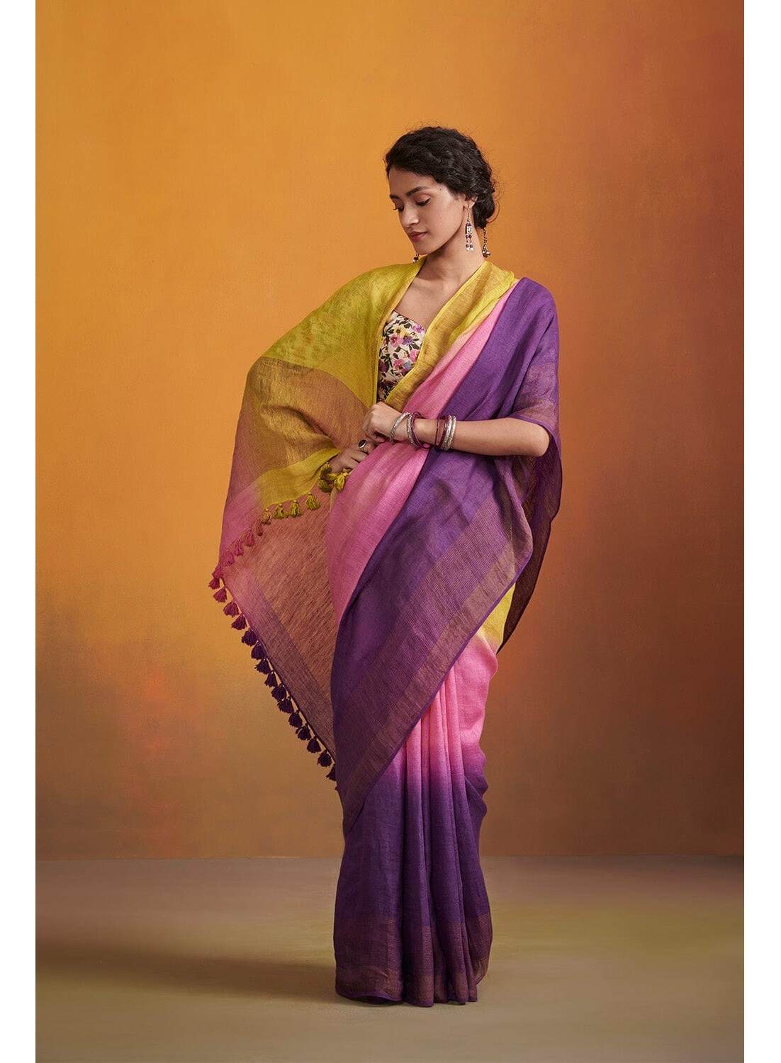 PJMY24A002 Pink Purple Pure Handloom Linen Saree