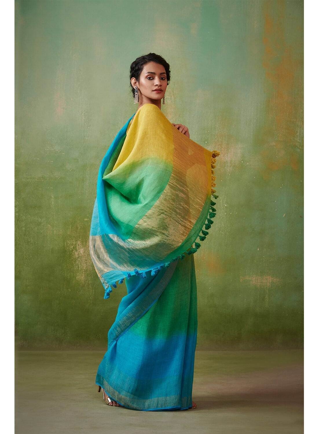 PJMY24A003 Green Blue Pure Handloom Linen Saree