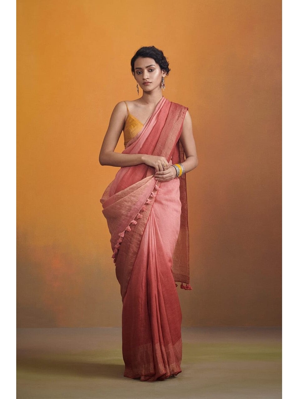 PJMY24A005 Pink Peach Pure Handloom Linen Saree