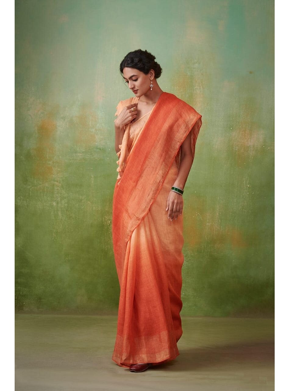 PJMY24A006 Cream Orange Pure Handloom Linen Saree